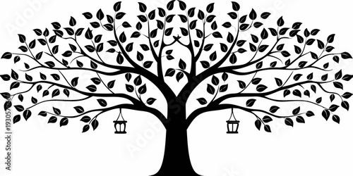 A symmetrical tree with dense foliage and two hanging lanterns