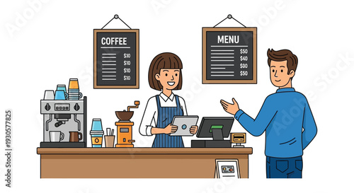 A brightly colored illustration depicts a cafe scene with a barista serving a customer in silhouette high quality professional detailed modern