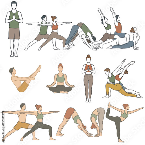 Set of people doing yoga poses in black silhouette vector illustration showing fitness and exercise activities