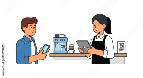 A customer orders from a barista at a coffee shop counter a colorful flat vector illustration silhouette high quality professional detailed