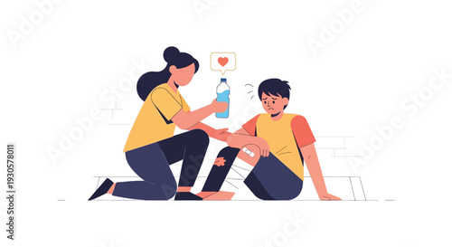 A comforting woman tends to an injured child s knee offering water and support in a bright illustration silhouette high quality professional