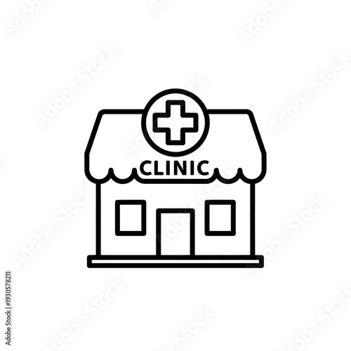 Minimalist Line Art Illustration of a Medical Clinic Building with Cross Sign