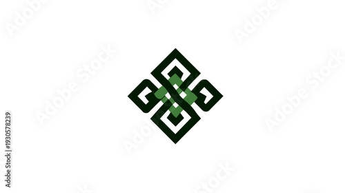A symmetrical abstract design of interlocking shapes in dark green and lighter green on a white background