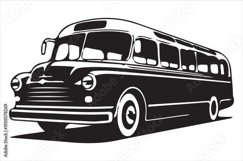 A vintage style black and white illustration of a classic passenger bus