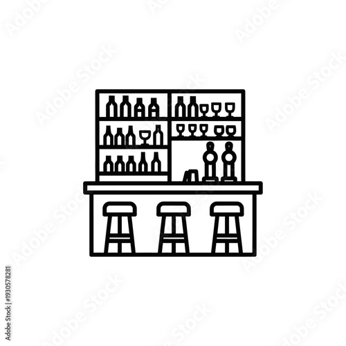 Minimalist Line Art Illustration of a Modern Bar with Shelves and Barstools
