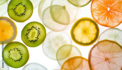 Thin slices of citrus and fruit are translucent on a white background.
