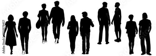 People silhouettes collection, men and women, standing and walking, front and back view, profile, vector image, profile, black color, isolated on white background