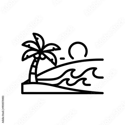 Minimalist Line Art Illustration of a Tropical Beach Scene with Palm Tree and Sunset
