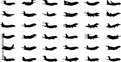 Airplane silhouettes collection, aircraft side view set, aviation vector icons, isolated black plane shapes, transportation illustration bundle design pack graphic