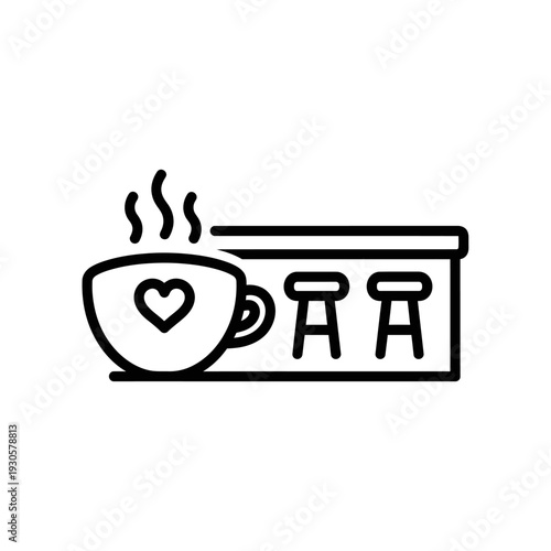 Minimalist Line Art Illustration of Coffee Cup and Coffee Bar Counter for Coffee Shop Branding