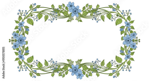 A delicate floral frame featuring blue forget me nots and green foliage creates an elegant border silhouette high quality professional detailed modern stylish