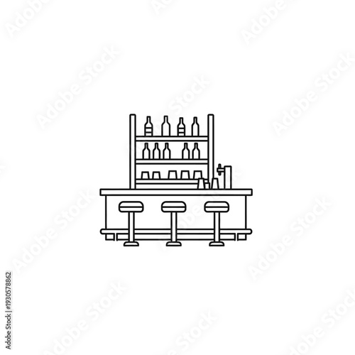 Minimalist Line Art Illustration of Modern Bar Counter with Shelves and Barstools