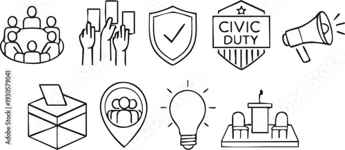 Collection of hand drawn black and white icons representing essential concepts of civic engagement voting participation and community action