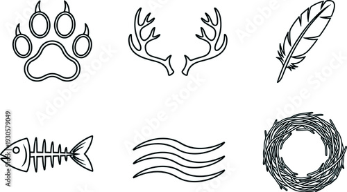Animal nature outline icons set, paw antlers feather fishbone nest wind vector illustration isolated clipart collection design