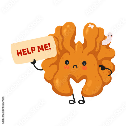 Sad walnut character holding help me sign with worm
