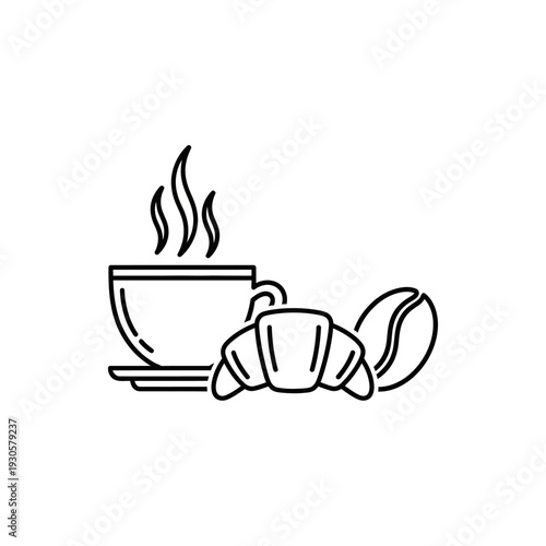 Minimalist Line Art of Hot Coffee Cup with Croissant and Teapot Illustration