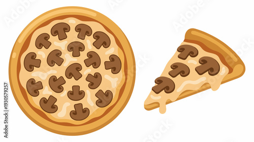 Delicious whole mushroom pizza and melted cheese slice graphic isolated on white for restaurant menu design