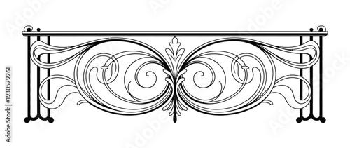 Forged metal decorative, element vector, ornate wrought iron ornament illustration, elegant vintage design for gates, fences, railings, architectural decorations, and classic exterior projects.