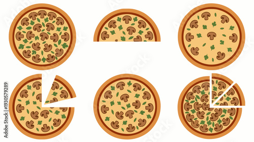 Mushroom pizzas illustrated with whole and various slice portions isolated on a clean white background.