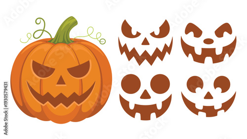 Halloween pumpkin faces generator, vector cartoon pumpkins with smiley, scared, and playful expressions, cute and spooky jack-o’-lantern illustrations for party decorations, holiday designs.