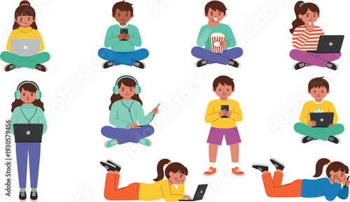 Kids using digital devices collection with children sitting, studying, playing games, and learning online on laptop, tablet, and smartphone vector illustration.