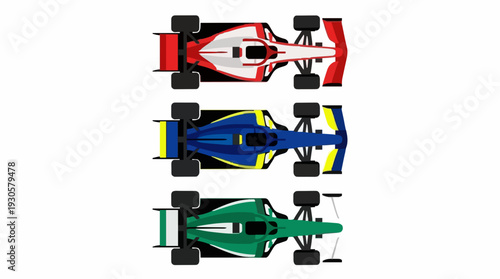Three distinct formula racing cars viewed from top perspective on a white background, perfect for motorsport designs