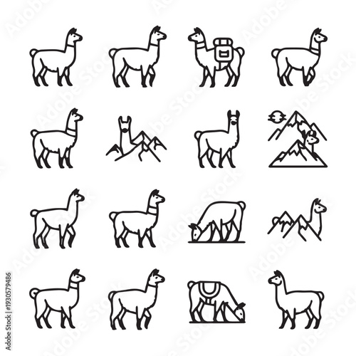 Llama Icon Set: Mountain Animals Travel and Wildlife Illustrations