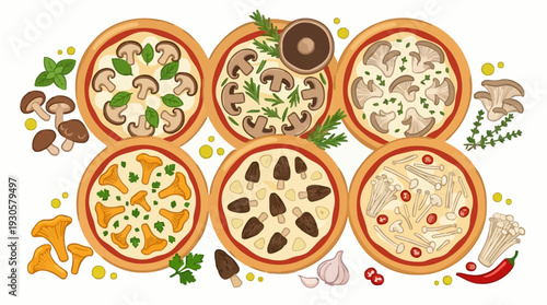 Delicious mushroom pizza assortment illustration isolated on white, showcasing various types for menus or cooking blogs.