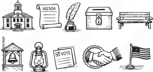 Collection of vintage hand drawn icons representing historical government concepts including buildings voting and communication tools