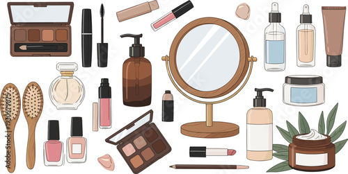 Makeup and cosmetic beauty products collection with mirror, skincare bottles, nail polish, perfume, brushes, and eyeshadow palette for fashion and self care vector illustration.