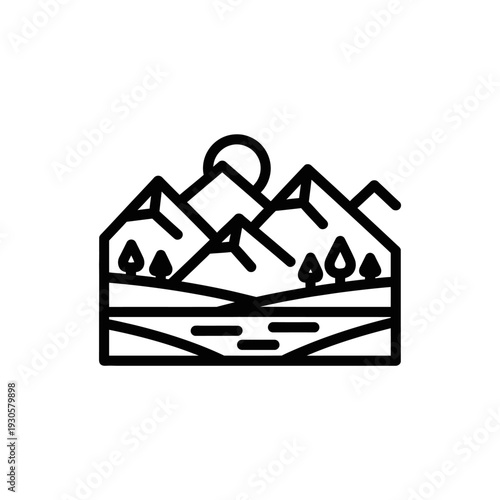 Minimalist Mountain Landscape Icon with Lake and Trees Illustration