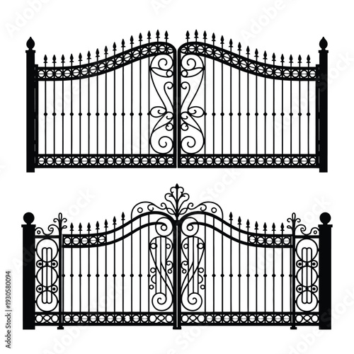 Forged gate and fence, vector illustration, ornate decorative metal fence and entrance gate with elegant scrollwork, vintage and classic architectural design for gardens, and mansions, isolated