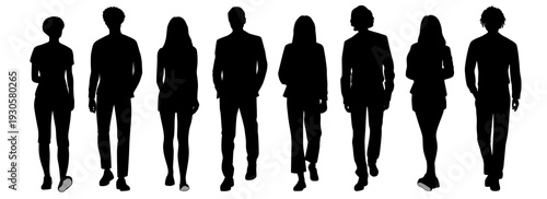 Men and women walking, collection, young people silhouettes,  front view, profile, vector image, black color, isolated on white background