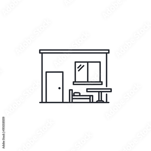 Minimalist outdoor storefront with large window and outdoor seating area for modern retail