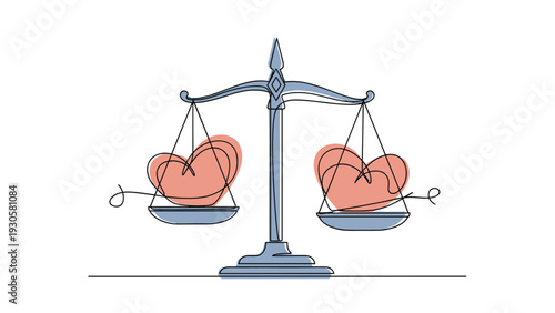 Emotional balance and fairness concept showing a traditional scale with two identical pink hearts resting on each tray in perfect equilibrium.