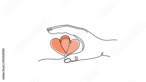 Love and protection concept showing a human hand gently cupped over two pink hearts in a minimalist line art drawing style.