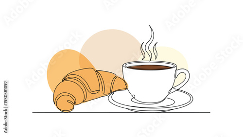 Breakfast or coffee break concept featuring a steaming cup of coffee and a fresh croissant with soft warm colored background elements.