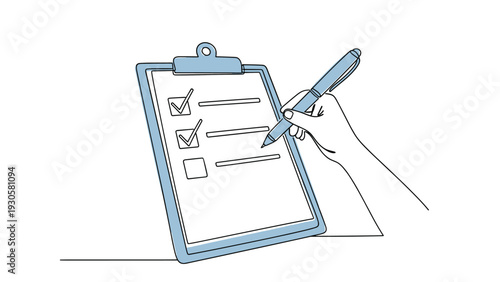 Task management and completion concept showing a hand holding a pen to check off items on a blue clipboard list for organization.