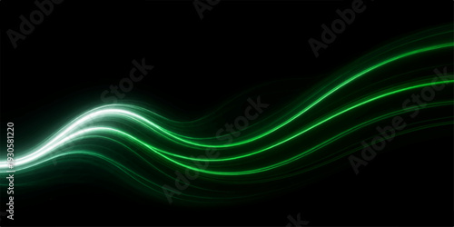 Abstract green waves with flowing blue light lines create a fractal energy motion design, featuring a wavy pattern and smooth curve texture for a modern technology wallpaper backdrop