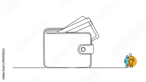 Line drawing of a wallet with credit cards and a small icon of a family standing together on the side for financial security.