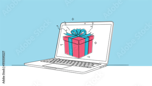 Digital online shopping concept shown by a pink gift box popping out of a laptop screen in a minimalist single line art style.