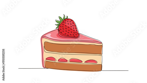 One line drawing of a strawberry shortcake slice with a fresh berry on top and delicious layers of cream and sponge cake.