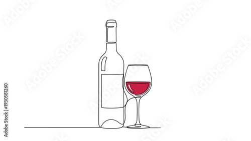 Minimalist line art illustration of a bottle of red wine standing next to a filled wine glass on a clean white background.
