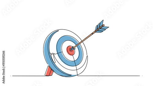 One line drawing of an arrow hitting the bullseye of a blue and white target representing business success and achievement.