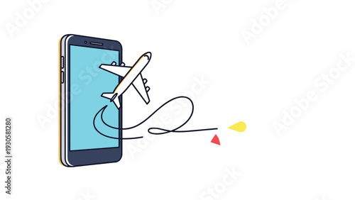 Travel booking app concept with a white airplane flying out of a blue smartphone screen in a minimalist single line art style.