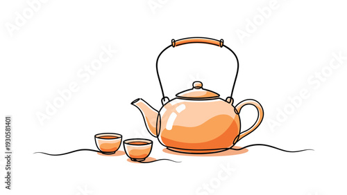 Traditional tea service with a large teapot and two small cups in a warm orange continuous line drawing on a white background.