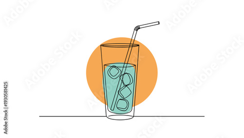 Refreshing glass of water with ice cubes and a straw in a minimalist line drawing with a warm orange sun background.