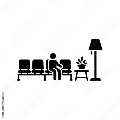 Minimalist Silhouette of Person Waiting at Public Seating Area with Lamp and Plant