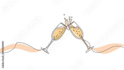 Celebration and toast concept shown by two clinking champagne glasses with splashing liquid in a single line art style.