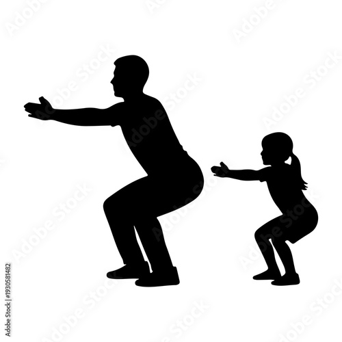 Father and Child Silhouette Doing Squats, Fitness Vector Illustration